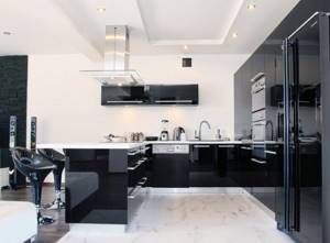 Кухня в стиле хай-тек с черно-белой мебелью