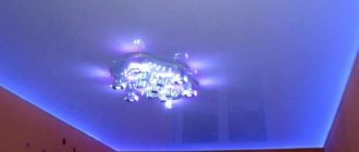 Одноуровневые натяжные потолки с точечными светильниками фото: двухцветные в спальне, комбинированные с подсветкой в один уровень, виды матовых
